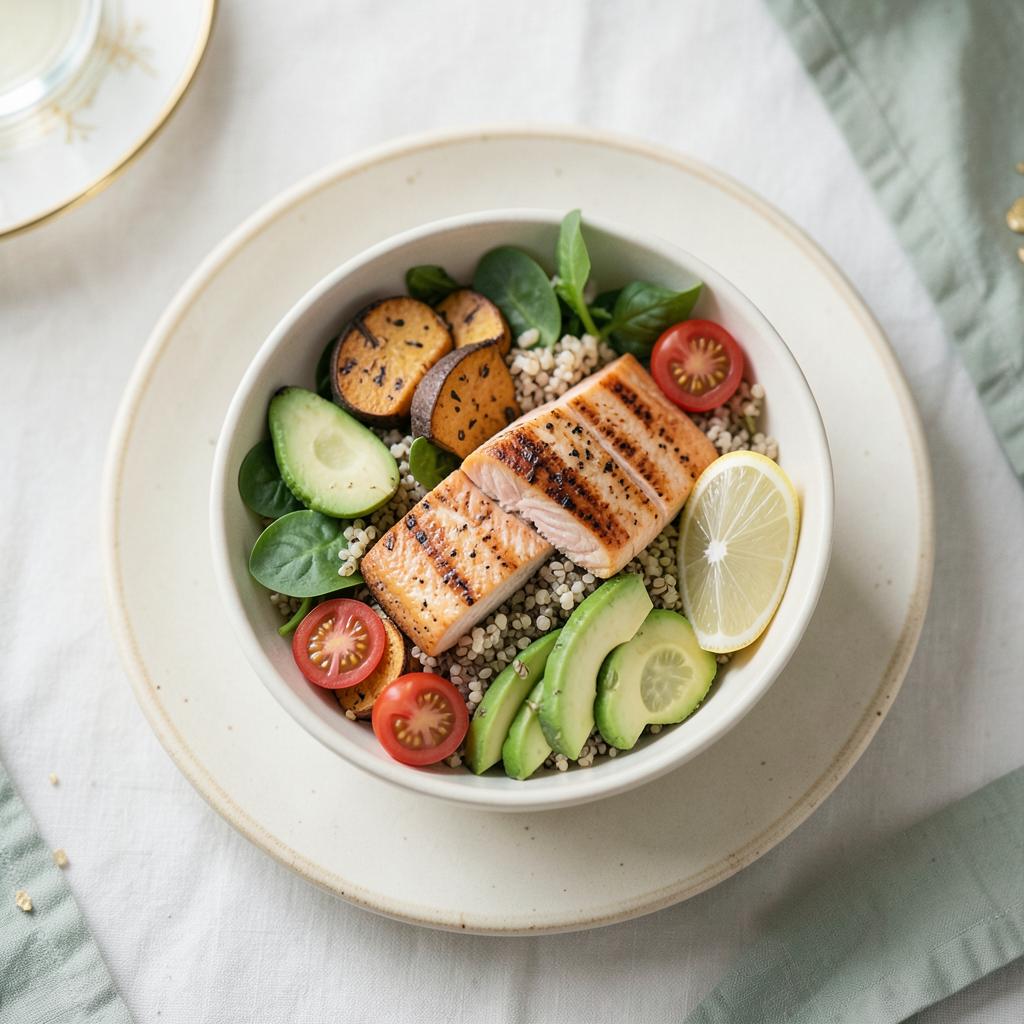 Colourful nourish bowl with grains, chickpeas, avocado and roasted vegetables