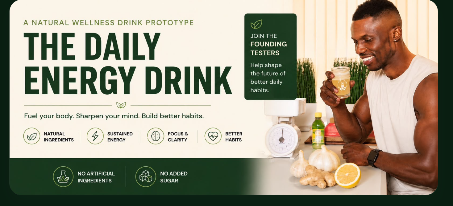 The Daily Energy Drink — a natural wellness drink prototype with garlic, ginger, lemon and whole ingredients