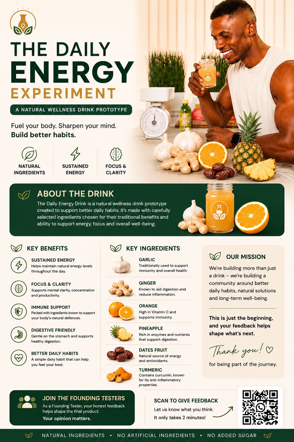 The Daily Energy Experiment poster showing key benefits, ingredients and the Better Daily Habits mission