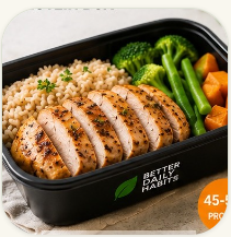 Branded Better Daily Habits protein box with chicken, rice and vegetables